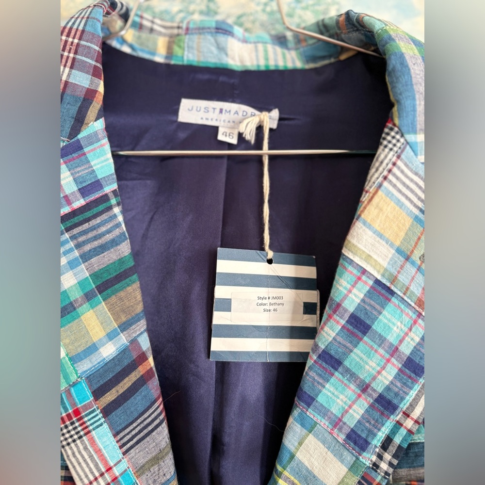 Vintage Preppy Classic Cotton Patchwork Plaid Sport Coat in Teal & Blue Size 46 - Picture 4 of 6